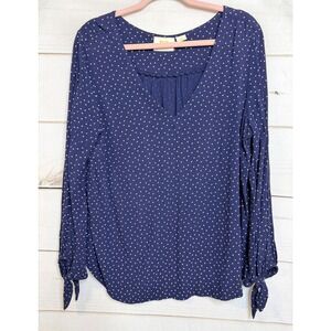 Maeve Anthropologie Navy Blue Polka Dot V-Neck Blouse Tie Cuff Women Large